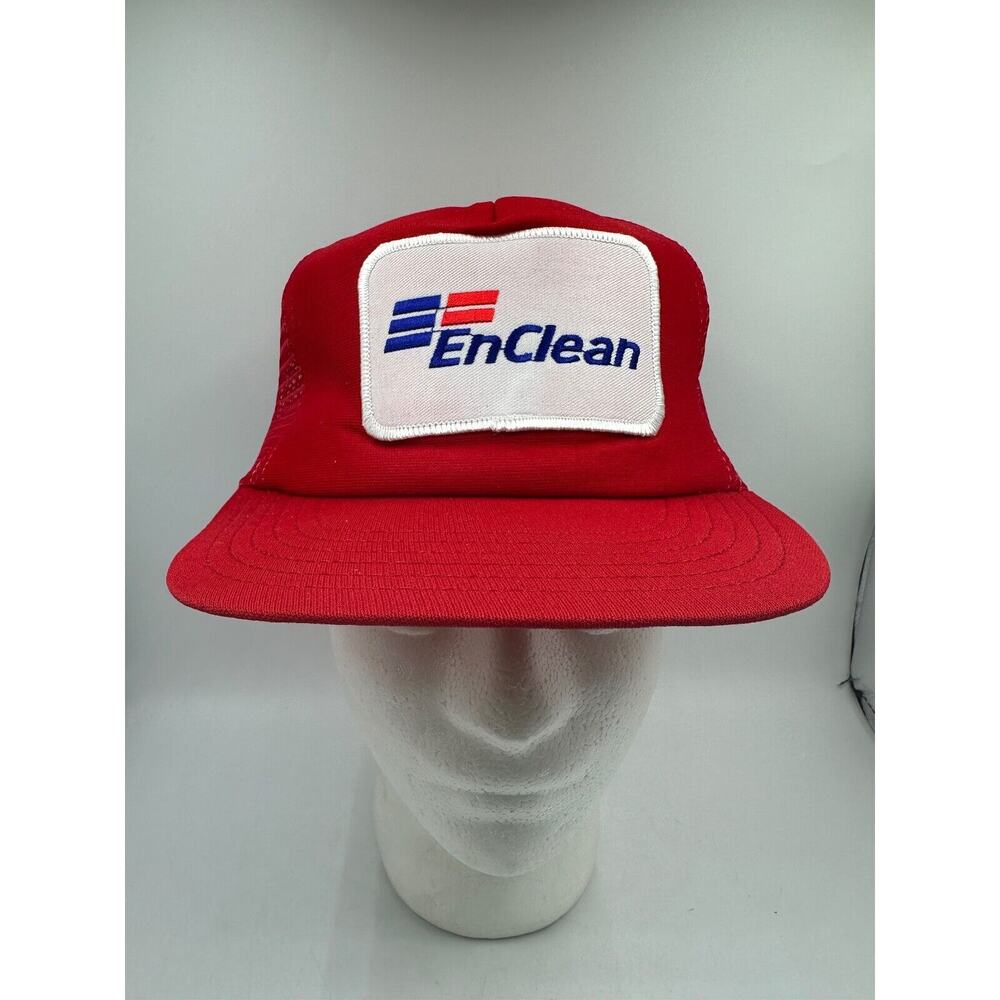 Vtg EnClean Trucker Hat Patch Environmental Cleaning Red Mesh Foam Snapback